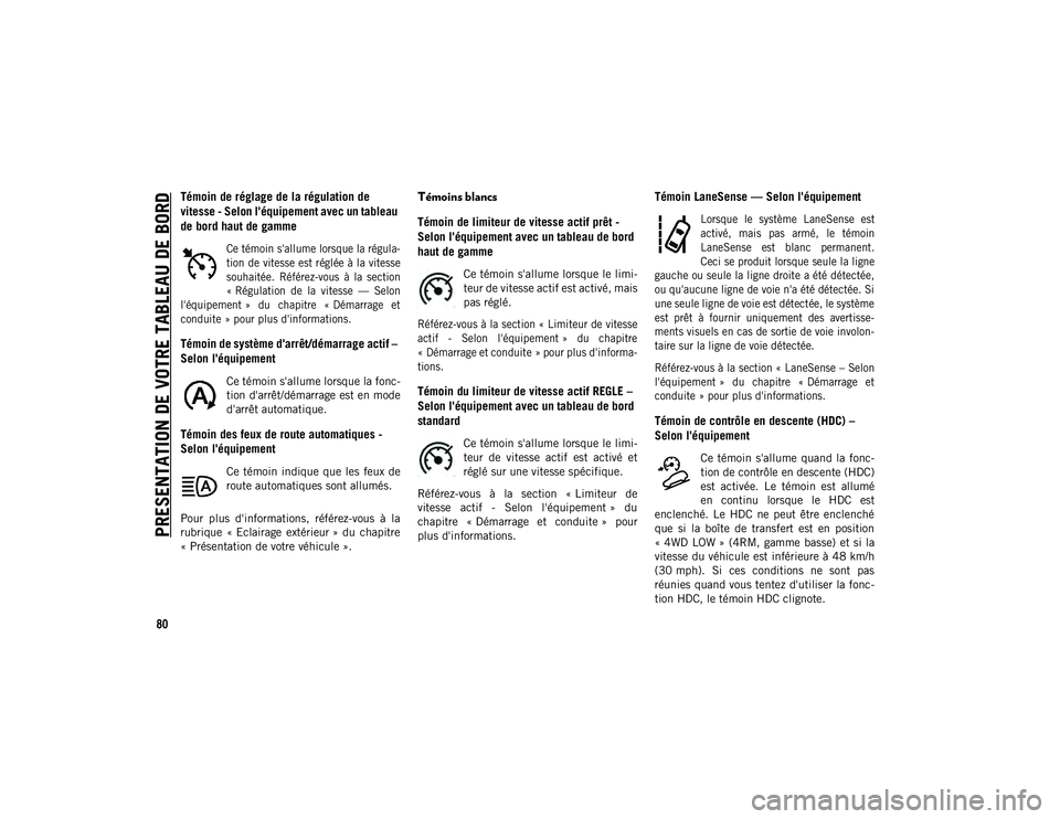 JEEP COMPASS 2020 Notice dentretien (in French) PRESENTATION DE VOTRE TABLEAU DE BORD
80
Témoin de réglage de la régulation de
vitesse - Selon l'équipement avec un tableau
de bord haut de gamme
Ce témoin s'allume lorsque la régul JEEP COMPASS 2020 Notice dentretien (in French) PRESENTATION DE VOTRE TABLEAU DE BORD
80
Témoin de réglage de la régulation de
vitesse - Selon l'équipement avec un tableau
de bord haut de gamme
Ce témoin s'allume lorsque la régul