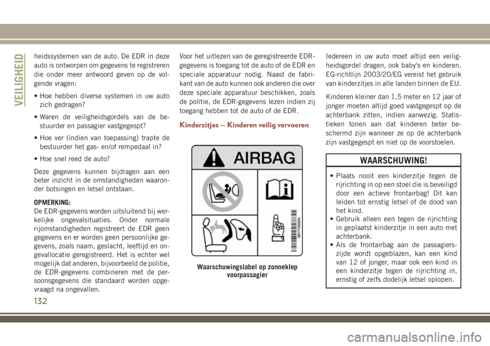 JEEP COMPASS 2018  Instructieboek (in Dutch) heidssystemen van de auto. De EDR in deze
auto is ontworpen om gegevens te registreren
die onder meer antwoord geven op de vol-
gende vragen:
• Hoe hebben diverse systemen in uw auto
zich gedragen?
