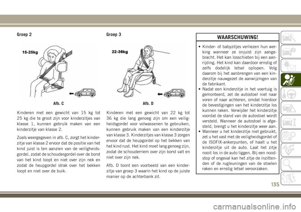 JEEP COMPASS 2018 Instructieboek (in Dutch) Groep 2
Kinderen met een gewicht van 15 kg tot
25 kg die te groot zijn voor kinderzitjes van
klasse 1, kunnen gebruik maken van een
kinderzitje van klasse 2.
Zoals weergegeven in afb. C, zorgt het kin JEEP COMPASS 2018 Instructieboek (in Dutch) Groep 2
Kinderen met een gewicht van 15 kg tot
25 kg die te groot zijn voor kinderzitjes van
klasse 1, kunnen gebruik maken van een
kinderzitje van klasse 2.
Zoals weergegeven in afb. C, zorgt het kin