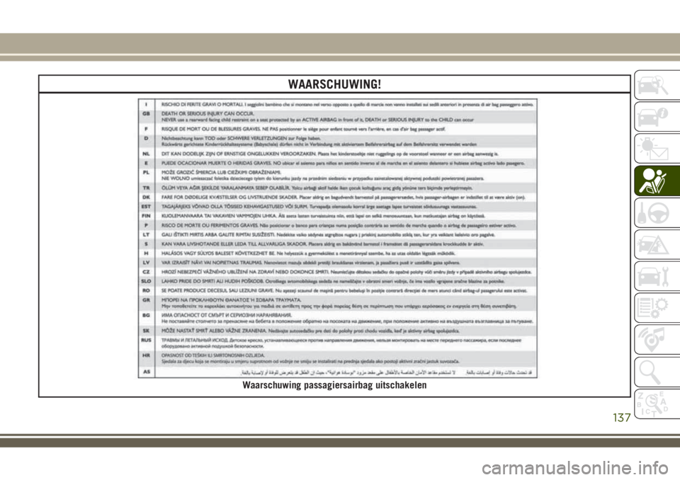 JEEP COMPASS 2018 Instructieboek (in Dutch) WAARSCHUWING!
Waarschuwing passagiersairbag uitschakelen
137 JEEP COMPASS 2018 Instructieboek (in Dutch) WAARSCHUWING!
Waarschuwing passagiersairbag uitschakelen
137