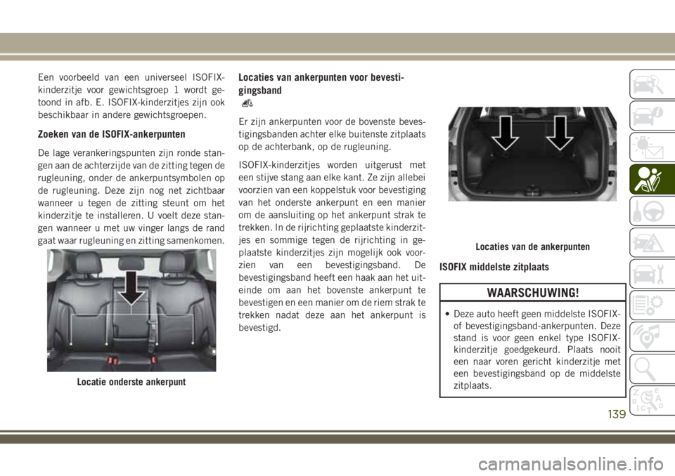 JEEP COMPASS 2018 Instructieboek (in Dutch) Een voorbeeld van een universeel ISOFIX-
kinderzitje voor gewichtsgroep 1 wordt ge-
toond in afb. E. ISOFIX-kinderzitjes zijn ook
beschikbaar in andere gewichtsgroepen.
Zoeken van de ISOFIX-ankerpunte JEEP COMPASS 2018 Instructieboek (in Dutch) Een voorbeeld van een universeel ISOFIX-
kinderzitje voor gewichtsgroep 1 wordt ge-
toond in afb. E. ISOFIX-kinderzitjes zijn ook
beschikbaar in andere gewichtsgroepen.
Zoeken van de ISOFIX-ankerpunte