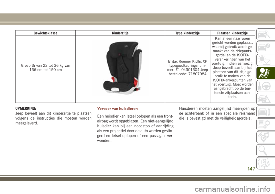 JEEP COMPASS 2018 Instructieboek (in Dutch) Gewichtsklasse Kinderzitje Type kinderzitje Plaatsen kinderzitje
Groep 3: van 22 tot 36 kg van
136 cm tot 150 cm
Britax Roemer Kidfix XP
typegoedkeuringsnum-
mer: E1 04301304 Jeep
bestelcode: 71807984 JEEP COMPASS 2018 Instructieboek (in Dutch) Gewichtsklasse Kinderzitje Type kinderzitje Plaatsen kinderzitje
Groep 3: van 22 tot 36 kg van
136 cm tot 150 cm
Britax Roemer Kidfix XP
typegoedkeuringsnum-
mer: E1 04301304 Jeep
bestelcode: 71807984