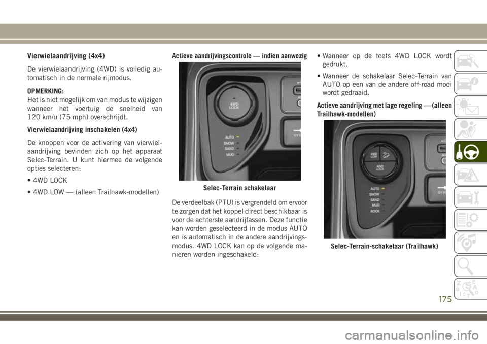 JEEP COMPASS 2018 Instructieboek (in Dutch) Vierwielaandrijving (4x4)
De vierwielaandrijving (4WD) is volledig au-
tomatisch in de normale rijmodus.
OPMERKING:
Het is niet mogelijk om van modus te wijzigen
wanneer het voertuig de snelheid van
1 JEEP COMPASS 2018 Instructieboek (in Dutch) Vierwielaandrijving (4x4)
De vierwielaandrijving (4WD) is volledig au-
tomatisch in de normale rijmodus.
OPMERKING:
Het is niet mogelijk om van modus te wijzigen
wanneer het voertuig de snelheid van
1