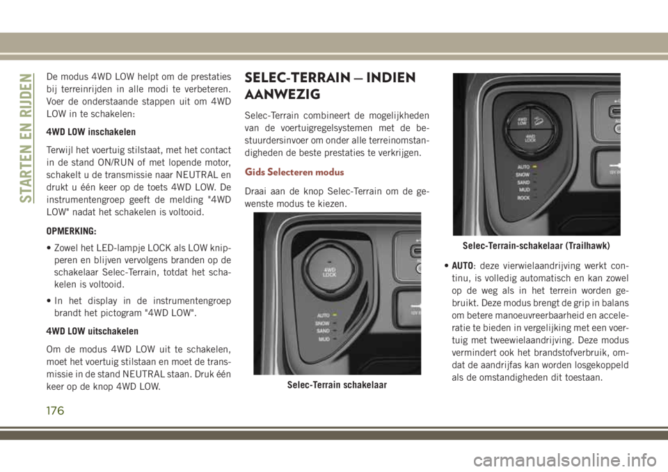 JEEP COMPASS 2018 Instructieboek (in Dutch) De modus 4WD LOW helpt om de prestaties
bij terreinrijden in alle modi te verbeteren.
Voer de onderstaande stappen uit om 4WD
LOW in te schakelen:
4WD LOW inschakelen
Terwijl het voertuig stilstaat, m JEEP COMPASS 2018 Instructieboek (in Dutch) De modus 4WD LOW helpt om de prestaties
bij terreinrijden in alle modi te verbeteren.
Voer de onderstaande stappen uit om 4WD
LOW in te schakelen:
4WD LOW inschakelen
Terwijl het voertuig stilstaat, m