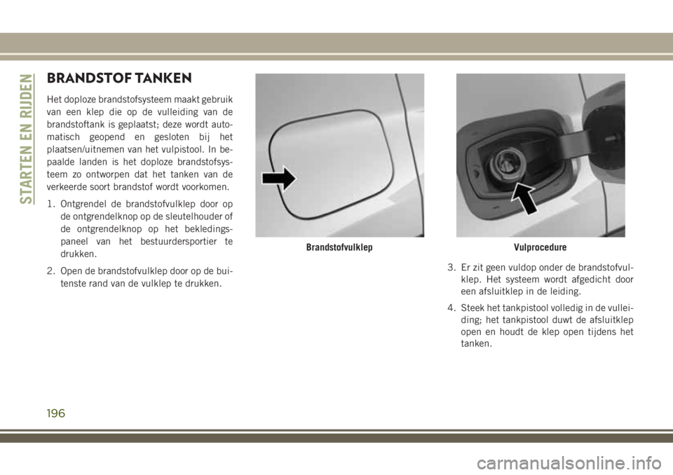 JEEP COMPASS 2018 Instructieboek (in Dutch) BRANDSTOF TANKEN
Het doploze brandstofsysteem maakt gebruik
van een klep die op de vulleiding van de
brandstoftank is geplaatst; deze wordt auto-
matisch geopend en gesloten bij het
plaatsen/uitnemen JEEP COMPASS 2018 Instructieboek (in Dutch) BRANDSTOF TANKEN
Het doploze brandstofsysteem maakt gebruik
van een klep die op de vulleiding van de
brandstoftank is geplaatst; deze wordt auto-
matisch geopend en gesloten bij het
plaatsen/uitnemen