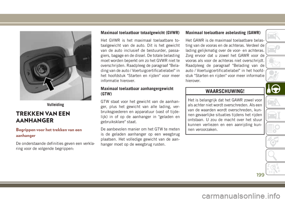 JEEP COMPASS 2018 Instructieboek (in Dutch) TREKKEN VAN EEN
AANHANGER
Begrippen voor het trekken van een
aanhanger
De onderstaande definities geven een verkla-
ring voor de volgende begrippen:
Maximaal toelaatbaar totaalgewicht (GVWR)
Het GVWR JEEP COMPASS 2018 Instructieboek (in Dutch) TREKKEN VAN EEN
AANHANGER
Begrippen voor het trekken van een
aanhanger
De onderstaande definities geven een verkla-
ring voor de volgende begrippen:
Maximaal toelaatbaar totaalgewicht (GVWR)
Het GVWR