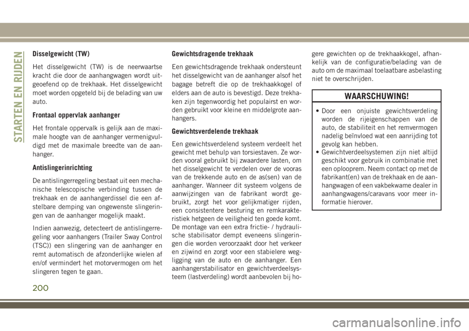 JEEP COMPASS 2018 Instructieboek (in Dutch) Disselgewicht (TW)
Het disselgewicht (TW) is de neerwaartse
kracht die door de aanhangwagen wordt uit-
geoefend op de trekhaak. Het disselgewicht
moet worden opgeteld bij de belading van uw
auto.
Fron JEEP COMPASS 2018 Instructieboek (in Dutch) Disselgewicht (TW)
Het disselgewicht (TW) is de neerwaartse
kracht die door de aanhangwagen wordt uit-
geoefend op de trekhaak. Het disselgewicht
moet worden opgeteld bij de belading van uw
auto.
Fron