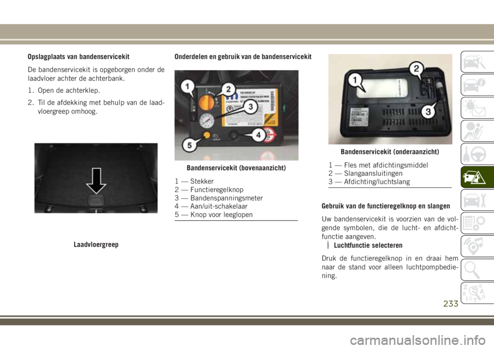 JEEP COMPASS 2018 Instructieboek (in Dutch) Opslagplaats van bandenservicekit
De bandenservicekit is opgeborgen onder de
laadvloer achter de achterbank.
1. Open de achterklep.
2. Til de afdekking met behulp van de laad-
vloergreep omhoog.Onderd JEEP COMPASS 2018 Instructieboek (in Dutch) Opslagplaats van bandenservicekit
De bandenservicekit is opgeborgen onder de
laadvloer achter de achterbank.
1. Open de achterklep.
2. Til de afdekking met behulp van de laad-
vloergreep omhoog.Onderd