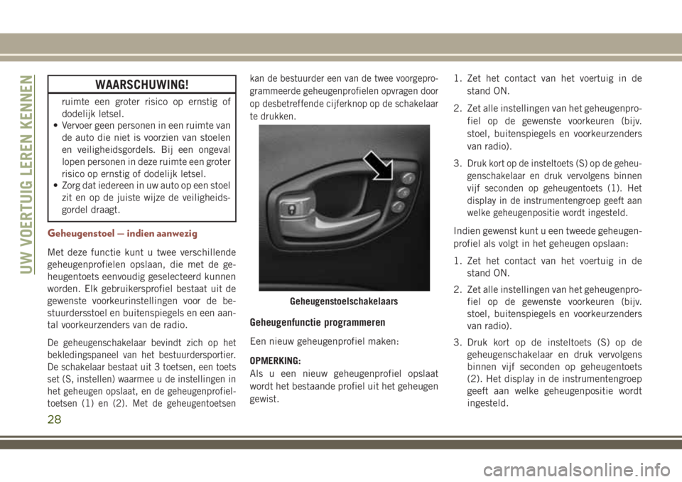 JEEP COMPASS 2018 Instructieboek (in Dutch) WAARSCHUWING!
ruimte een groter risico op ernstig of
dodelijk letsel.
• Vervoer geen personen in een ruimte van
de auto die niet is voorzien van stoelen
en veiligheidsgordels. Bij een ongeval
lopen JEEP COMPASS 2018 Instructieboek (in Dutch) WAARSCHUWING!
ruimte een groter risico op ernstig of
dodelijk letsel.
• Vervoer geen personen in een ruimte van
de auto die niet is voorzien van stoelen
en veiligheidsgordels. Bij een ongeval
lopen