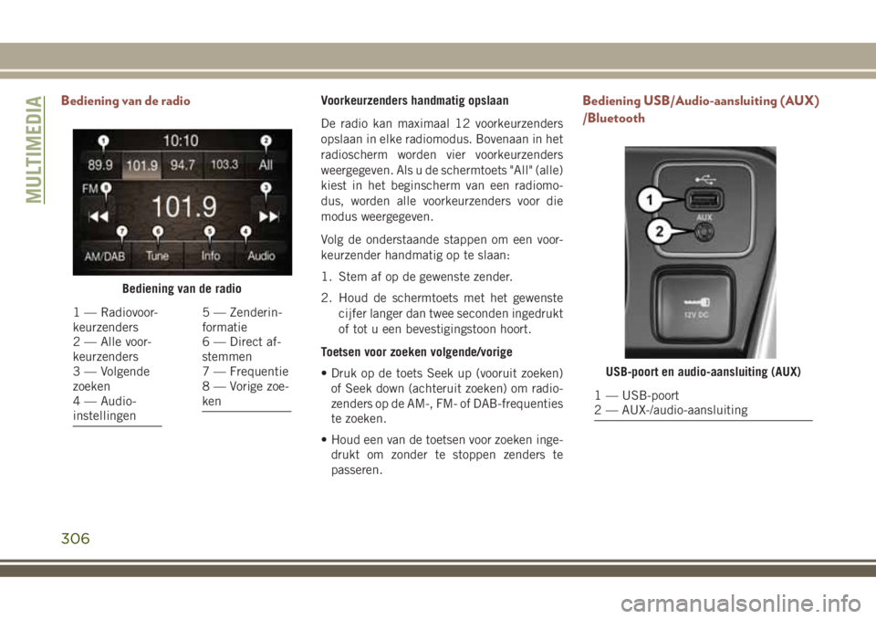 JEEP COMPASS 2018 Instructieboek (in Dutch) Bediening van de radioVoorkeurzenders handmatig opslaan
De radio kan maximaal 12 voorkeurzenders
opslaan in elke radiomodus. Bovenaan in het
radioscherm worden vier voorkeurzenders
weergegeven. Als u JEEP COMPASS 2018 Instructieboek (in Dutch) Bediening van de radioVoorkeurzenders handmatig opslaan
De radio kan maximaal 12 voorkeurzenders
opslaan in elke radiomodus. Bovenaan in het
radioscherm worden vier voorkeurzenders
weergegeven. Als u