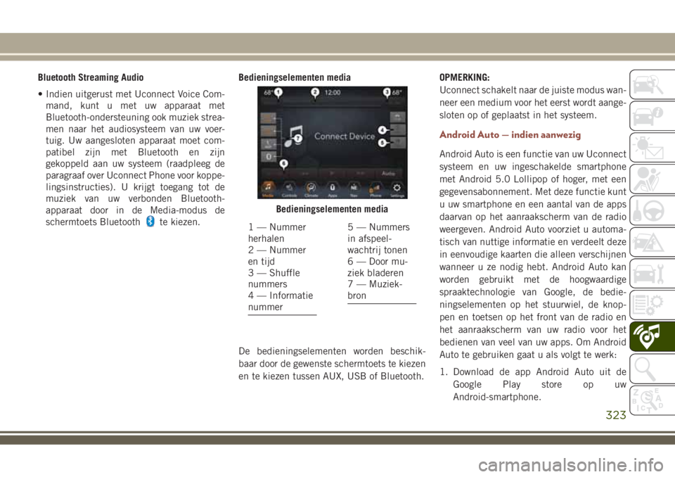 JEEP COMPASS 2018 Instructieboek (in Dutch) Bluetooth Streaming Audio
• Indien uitgerust met Uconnect Voice Com-
mand, kunt u met uw apparaat met
Bluetooth-ondersteuning ook muziek strea-
men naar het audiosysteem van uw voer-
tuig. Uw aanges JEEP COMPASS 2018 Instructieboek (in Dutch) Bluetooth Streaming Audio
• Indien uitgerust met Uconnect Voice Com-
mand, kunt u met uw apparaat met
Bluetooth-ondersteuning ook muziek strea-
men naar het audiosysteem van uw voer-
tuig. Uw aanges