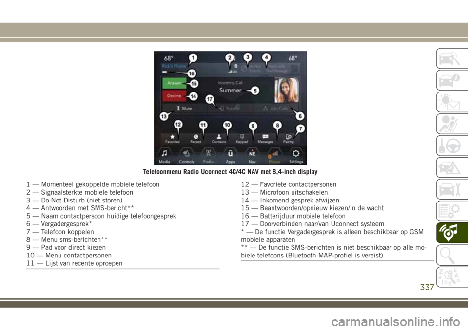 JEEP COMPASS 2018  Instructieboek (in Dutch) Telefoonmenu Radio Uconnect 4C/4C NAV met 8,4-inch display
1 — Momenteel gekoppelde mobiele telefoon
2 — Signaalsterkte mobiele telefoon
3 — Do Not Disturb (niet storen)
4 — Antwoorden met SMS