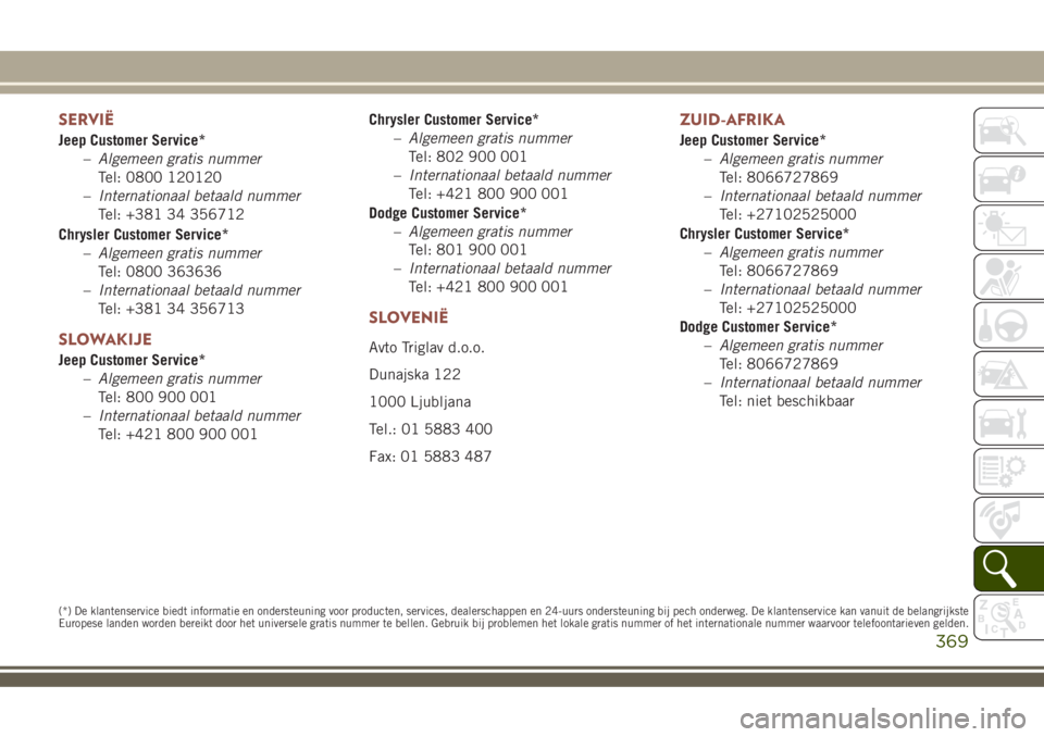 JEEP COMPASS 2018  Instructieboek (in Dutch) SERVIË
Jeep Customer Service*
–Algemeen gratis nummer
Tel: 0800 120120
–Internationaal betaald nummer
Tel: +381 34 356712
Chrysler Customer Service*
–Algemeen gratis nummer
Tel: 0800 363636
–