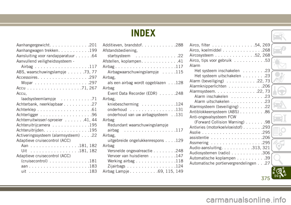 JEEP COMPASS 2018 Instructieboek (in Dutch) Aanhangergewicht..............201
Aanhangwagen trekken...........199
Aansluiting voor randapparatuur......64
Aanvullend veiligheidssysteem -
Airbag...................117
ABS, waarschuwingslampje...... JEEP COMPASS 2018 Instructieboek (in Dutch) Aanhangergewicht..............201
Aanhangwagen trekken...........199
Aansluiting voor randapparatuur......64
Aanvullend veiligheidssysteem -
Airbag...................117
ABS, waarschuwingslampje......
