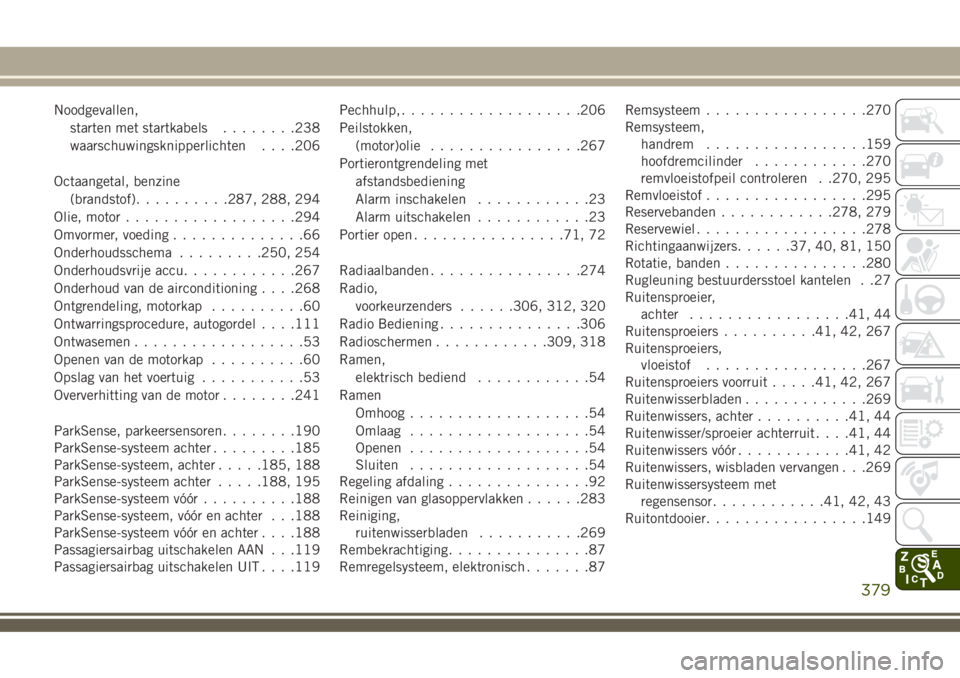 JEEP COMPASS 2018 Instructieboek (in Dutch) Noodgevallen,
starten met startkabels........238
waarschuwingsknipperlichten. . . .206
Octaangetal, benzine
(brandstof)..........287, 288, 294
Olie, motor..................294
Omvormer, voeding....... JEEP COMPASS 2018 Instructieboek (in Dutch) Noodgevallen,
starten met startkabels........238
waarschuwingsknipperlichten. . . .206
Octaangetal, benzine
(brandstof)..........287, 288, 294
Olie, motor..................294
Omvormer, voeding.......