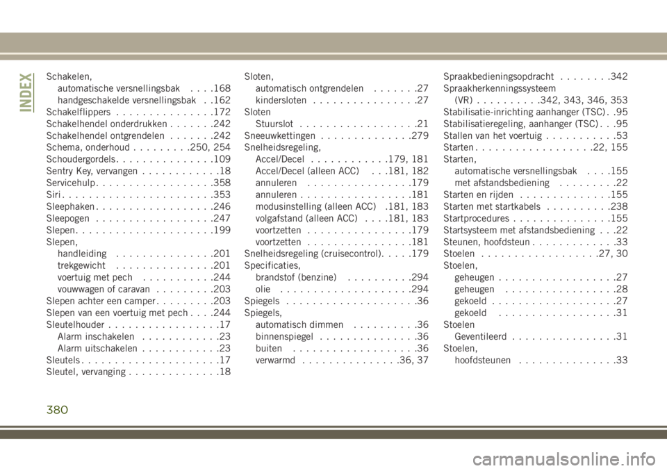 JEEP COMPASS 2018 Instructieboek (in Dutch) Schakelen,
automatische versnellingsbak. . . .168
handgeschakelde versnellingsbak . .162
Schakelflippers...............172
Schakelhendel onderdrukken.......242
Schakelhendel ontgrendelen.......242
Sch JEEP COMPASS 2018 Instructieboek (in Dutch) Schakelen,
automatische versnellingsbak. . . .168
handgeschakelde versnellingsbak . .162
Schakelflippers...............172
Schakelhendel onderdrukken.......242
Schakelhendel ontgrendelen.......242
Sch