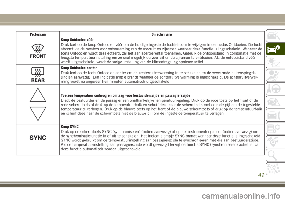 JEEP COMPASS 2018 Instructieboek (in Dutch) Pictogram Omschrijving
Knop Ontdooien vóór
Druk kort op de knop Ontdooien vóór om de huidige ingestelde luchtstroom te wijzigen in de modus Ontdooien. De lucht
stroomt via de roosters voor ontwase JEEP COMPASS 2018 Instructieboek (in Dutch) Pictogram Omschrijving
Knop Ontdooien vóór
Druk kort op de knop Ontdooien vóór om de huidige ingestelde luchtstroom te wijzigen in de modus Ontdooien. De lucht
stroomt via de roosters voor ontwase