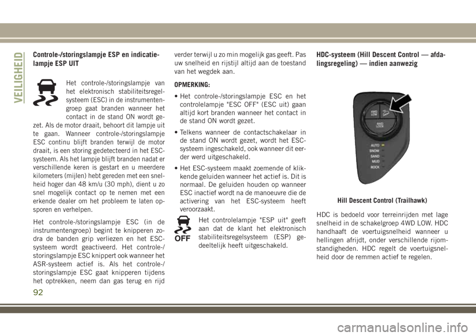JEEP COMPASS 2018 Instructieboek (in Dutch) Controle-/storingslampje ESP en indicatie-
lampje ESP UIT
Het controle-/storingslampje van
het elektronisch stabiliteitsregel-
systeem (ESC) in de instrumenten-
groep gaat branden wanneer het
contact JEEP COMPASS 2018 Instructieboek (in Dutch) Controle-/storingslampje ESP en indicatie-
lampje ESP UIT
Het controle-/storingslampje van
het elektronisch stabiliteitsregel-
systeem (ESC) in de instrumenten-
groep gaat branden wanneer het
contact