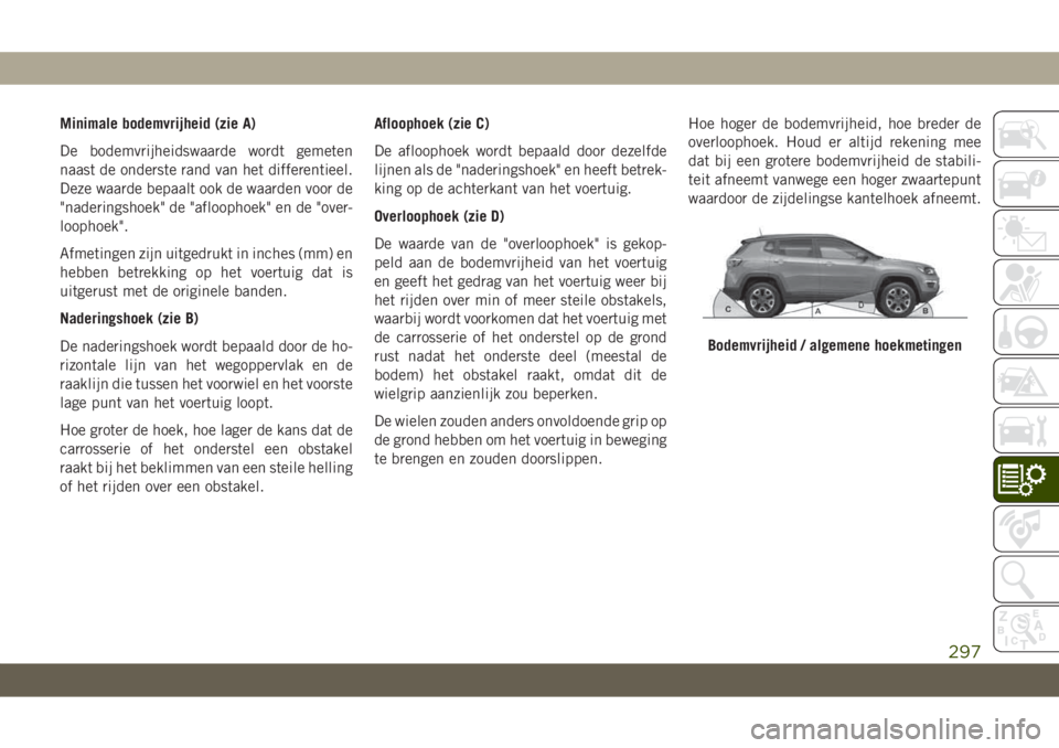 JEEP COMPASS 2019 Instructieboek (in Dutch) Minimale bodemvrijheid (zie A)
De bodemvrijheidswaarde wordt gemeten
naast de onderste rand van het differentieel.
Deze waarde bepaalt ook de waarden voor de
"naderingshoek" de "afloophoek JEEP COMPASS 2019 Instructieboek (in Dutch) Minimale bodemvrijheid (zie A)
De bodemvrijheidswaarde wordt gemeten
naast de onderste rand van het differentieel.
Deze waarde bepaalt ook de waarden voor de
"naderingshoek" de "afloophoek