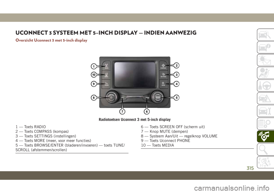 JEEP COMPASS 2019 Instructieboek (in Dutch) UCONNECT 3 SYSTEEM MET 5–INCH DISPLAY — INDIEN AANWEZIG
Overzicht Uconnect 3 met 5-inch display
Radiotoetsen Uconnect 3 met 5-inch display
1 — Toets RADIO
2 — Toets COMPASS (kompas)
3 — Toet JEEP COMPASS 2019 Instructieboek (in Dutch) UCONNECT 3 SYSTEEM MET 5–INCH DISPLAY — INDIEN AANWEZIG
Overzicht Uconnect 3 met 5-inch display
Radiotoetsen Uconnect 3 met 5-inch display
1 — Toets RADIO
2 — Toets COMPASS (kompas)
3 — Toet