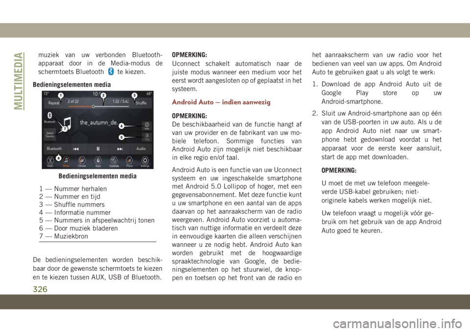 JEEP COMPASS 2019 Instructieboek (in Dutch) muziek van uw verbonden Bluetooth-
apparaat door in de Media-modus de
schermtoets Bluetooth
te kiezen.
Bedieningselementen media
De bedieningselementen worden beschik-
baar door de gewenste schermtoet JEEP COMPASS 2019 Instructieboek (in Dutch) muziek van uw verbonden Bluetooth-
apparaat door in de Media-modus de
schermtoets Bluetooth
te kiezen.
Bedieningselementen media
De bedieningselementen worden beschik-
baar door de gewenste schermtoet