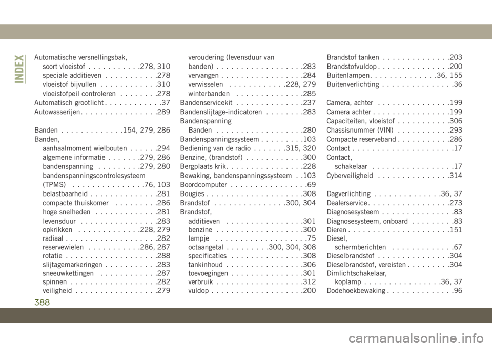 JEEP COMPASS 2019 Instructieboek (in Dutch) Automatische versnellingsbak,
soort vloeistof...........278, 310
speciale additieven...........278
vloeistof bijvullen............310
vloeistofpeil controleren........278
Automatisch grootlicht....... JEEP COMPASS 2019 Instructieboek (in Dutch) Automatische versnellingsbak,
soort vloeistof...........278, 310
speciale additieven...........278
vloeistof bijvullen............310
vloeistofpeil controleren........278
Automatisch grootlicht.......