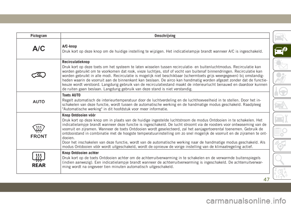 JEEP COMPASS 2019 Instructieboek (in Dutch) Pictogram Omschrijving
A/C-knop
Druk kort op deze knop om de huidige instelling te wijzigen. Het indicatielampje brandt wanneer A/C is ingeschakeld.
Recirculatieknop
Druk kort op deze toets om het sys JEEP COMPASS 2019 Instructieboek (in Dutch) Pictogram Omschrijving
A/C-knop
Druk kort op deze knop om de huidige instelling te wijzigen. Het indicatielampje brandt wanneer A/C is ingeschakeld.
Recirculatieknop
Druk kort op deze toets om het sys