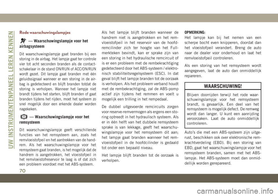 JEEP COMPASS 2019  Instructieboek (in Dutch) Rode waarschuwingslampjes
— Waarschuwingslampje voor het
airbagsysteem
Dit waarschuwingslampje gaat branden bij een
storing in de airbag. Het lampje gaat ter controle
vier tot acht seconden branden 