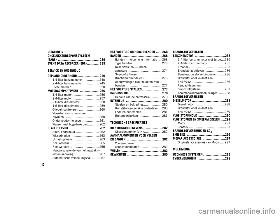 JEEP COMPASS 2020 Instructieboek (in Dutch) 10
UITGEBREID
ONGELUKKENRESPONSSYSTEEM
(EARS) ............................................... 239
EVENT DATA RECORDER (EDR) .............. 239
SERVICE EN ONDERHOUD
GEPLAND ONDERHOUD ................ JEEP COMPASS 2020 Instructieboek (in Dutch) 10
UITGEBREID
ONGELUKKENRESPONSSYSTEEM
(EARS) ............................................... 239
EVENT DATA RECORDER (EDR) .............. 239
SERVICE EN ONDERHOUD
GEPLAND ONDERHOUD ................