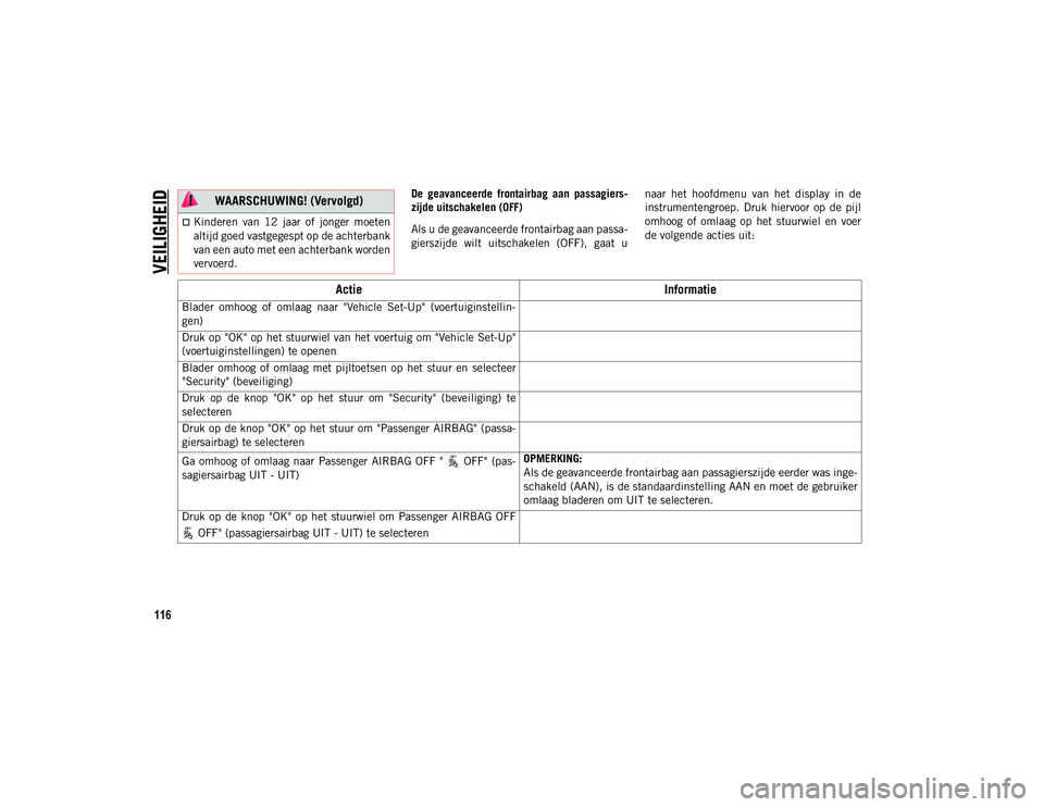 JEEP COMPASS 2020 Instructieboek (in Dutch) VEILIGHEID
116
De geavanceerde frontairbag aan passagiers-
zijde uitschakelen (OFF)
Als u de geavanceerde frontairbag aan passa -
gierszijde wilt uitschakelen (OFF), gaat u naar het hoofdme JEEP COMPASS 2020 Instructieboek (in Dutch) VEILIGHEID
116
De geavanceerde frontairbag aan passagiers-
zijde uitschakelen (OFF)
Als u de geavanceerde frontairbag aan passa -
gierszijde wilt uitschakelen (OFF), gaat u naar het hoofdme