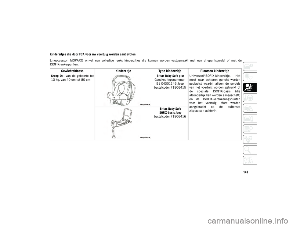 JEEP COMPASS 2020  Instructieboek (in Dutch) 141
Kinderzitjes die door FCA voor uw voertuig worden aanbevolen
Lineaccessori  MOPAR®  omvat  een  volledige  reeks  kinderzitjes  die  kunnen  worden  vastgemaakt  met  een  driepuntsgordel  of  me