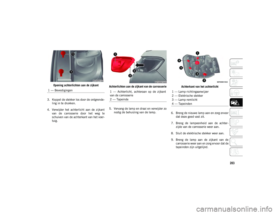 JEEP COMPASS 2020  Instructieboek (in Dutch) 203
Opening achterlichten aan de zijkant
3. Koppel de stekker los door de ontgrende -
ling in te drukken.
4. Verwijder  het  achterlicht  aan  de  zijkant van  de  carrosserie  door  het  weg  te
schu
