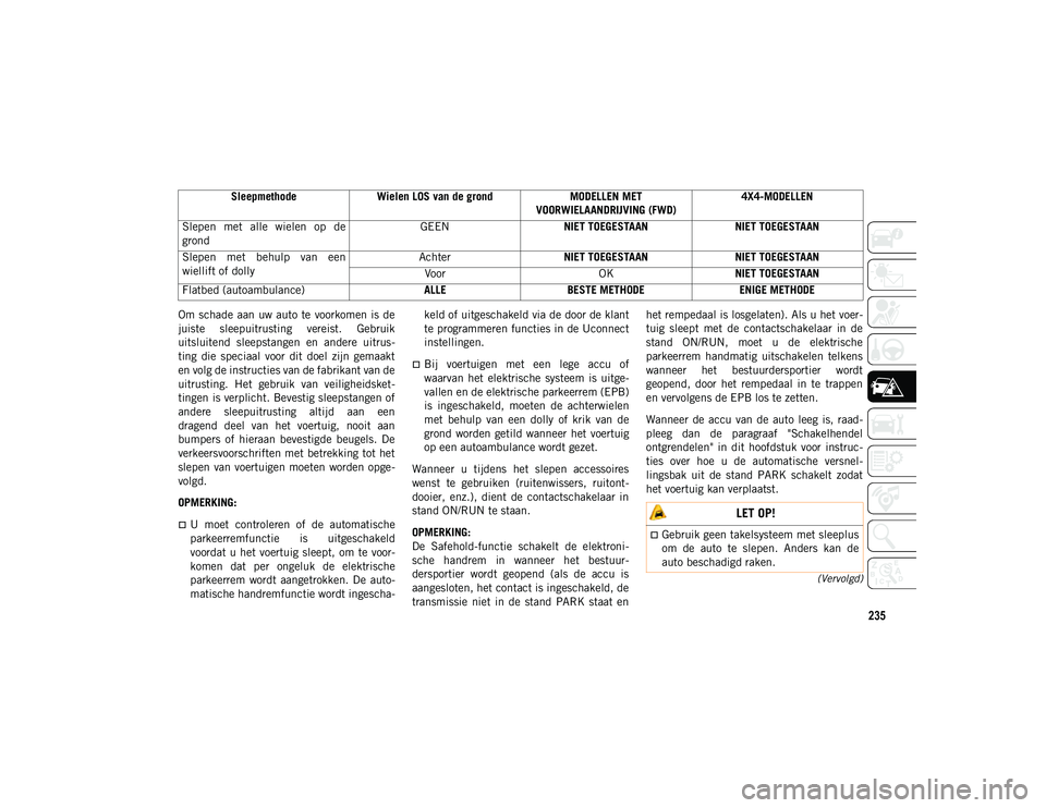 JEEP COMPASS 2020 Instructieboek (in Dutch) 235
(Vervolgd)
Om schade aan uw auto te voorkomen is de
juiste sleepuitrusting vereist. Gebruik
uitsluitend sleepstangen en andere uitrus-
ting die speciaal voor dit doel zijn gemaakt JEEP COMPASS 2020 Instructieboek (in Dutch) 235
(Vervolgd)
Om schade aan uw auto te voorkomen is de
juiste sleepuitrusting vereist. Gebruik
uitsluitend sleepstangen en andere uitrus-
ting die speciaal voor dit doel zijn gemaakt
