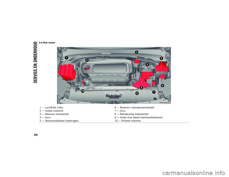JEEP COMPASS 2020 Instructieboek (in Dutch) SERVICE EN ONDERHOUD
258
2.4-liter motor
1 — Luchtfilter motor6 — Reservoir ruitensproeiervloeistof
2 — Vuldop motorolie 7 — Accu
3 — Reservoir remvloeistof 8 — Radiateurdop koelvloeistof
JEEP COMPASS 2020 Instructieboek (in Dutch) SERVICE EN ONDERHOUD
258
2.4-liter motor
1 — Luchtfilter motor6 — Reservoir ruitensproeiervloeistof
2 — Vuldop motorolie 7 — Accu
3 — Reservoir remvloeistof 8 — Radiateurdop koelvloeistof