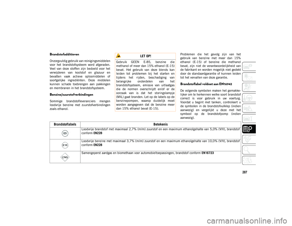 JEEP COMPASS 2020  Instructieboek (in Dutch) 287
Brandstofadditieven  
Onzorgvuldig gebruik van reinigingsmiddelen
voor  het  brandstofsysteem  word  afgeraden.
Veel  van  deze  stoffen  zijn  bedoeld  voor  het
verwijderen  van  koolstof  en  g