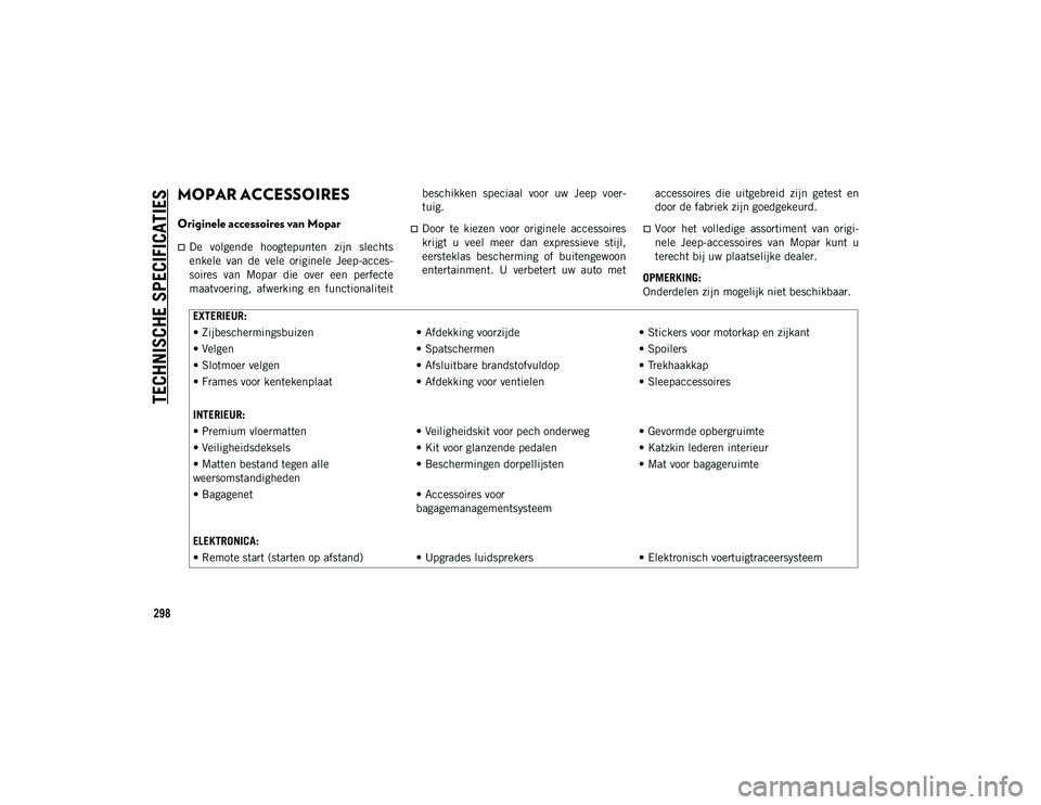 JEEP COMPASS 2020 Instructieboek (in Dutch) TECHNISCHE SPECIFICATIES
298
MOPAR ACCESSOIRES
Originele accessoires van Mopar
De volgende hoogtepunten zijn slechts
enkele van de vele originele Jeep-acces-
soires van Mopar die over JEEP COMPASS 2020 Instructieboek (in Dutch) TECHNISCHE SPECIFICATIES
298
MOPAR ACCESSOIRES
Originele accessoires van Mopar
De volgende hoogtepunten zijn slechts
enkele van de vele originele Jeep-acces-
soires van Mopar die over