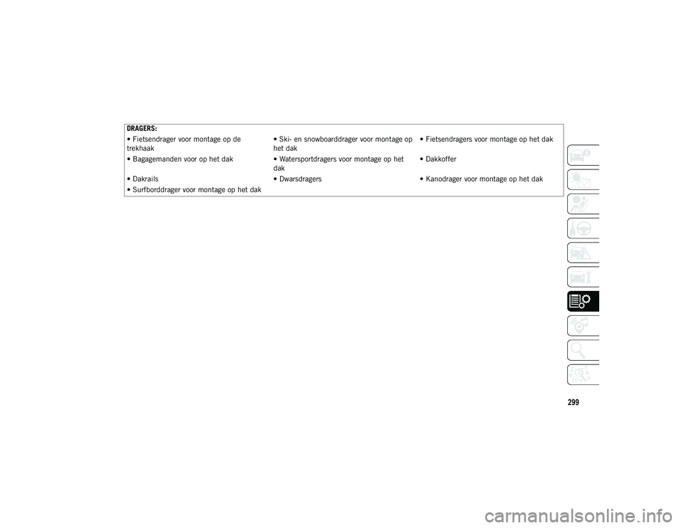JEEP COMPASS 2020 Instructieboek (in Dutch) 299
DRAGERS:
• Fietsendrager voor montage op de
trekhaak• Ski- en snowboarddrager voor montage op
het dak• Fietsendragers voor montage op het dak
• Bagagemanden voor op het dak • Waterspor JEEP COMPASS 2020 Instructieboek (in Dutch) 299
DRAGERS:
• Fietsendrager voor montage op de
trekhaak• Ski- en snowboarddrager voor montage op
het dak• Fietsendragers voor montage op het dak
• Bagagemanden voor op het dak • Waterspor