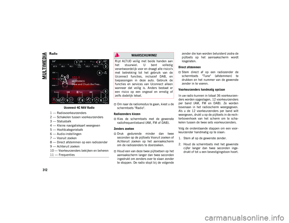 JEEP COMPASS 2020 Instructieboek (in Dutch) MULTIMEDIA
312
Radio
Uconnect 4C NAV RadioOm naar de radiomodus te gaan, kiest u de
schermtoets "Radio".
Radiozenders kiezen
Kies de schermtoets met de gewenste
radiofrequentieband JEEP COMPASS 2020 Instructieboek (in Dutch) MULTIMEDIA
312
Radio
Uconnect 4C NAV RadioOm naar de radiomodus te gaan, kiest u de
schermtoets "Radio".
Radiozenders kiezen
Kies de schermtoets met de gewenste
radiofrequentieband
