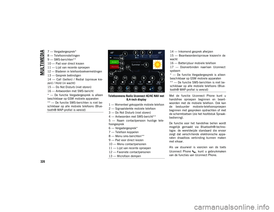 JEEP COMPASS 2020 Instructieboek (in Dutch) MULTIMEDIA
326
Telefoonmenu Radio Uconnect 4C/4C NAV met 8,4-inch display Met de functie Uconnect Phone kunt u
handsfree oproepen beginnen en beant
-
woorden met de mobiele telefoon. Oo JEEP COMPASS 2020 Instructieboek (in Dutch) MULTIMEDIA
326
Telefoonmenu Radio Uconnect 4C/4C NAV met 8,4-inch display Met de functie Uconnect Phone kunt u
handsfree oproepen beginnen en beant
-
woorden met de mobiele telefoon. Oo