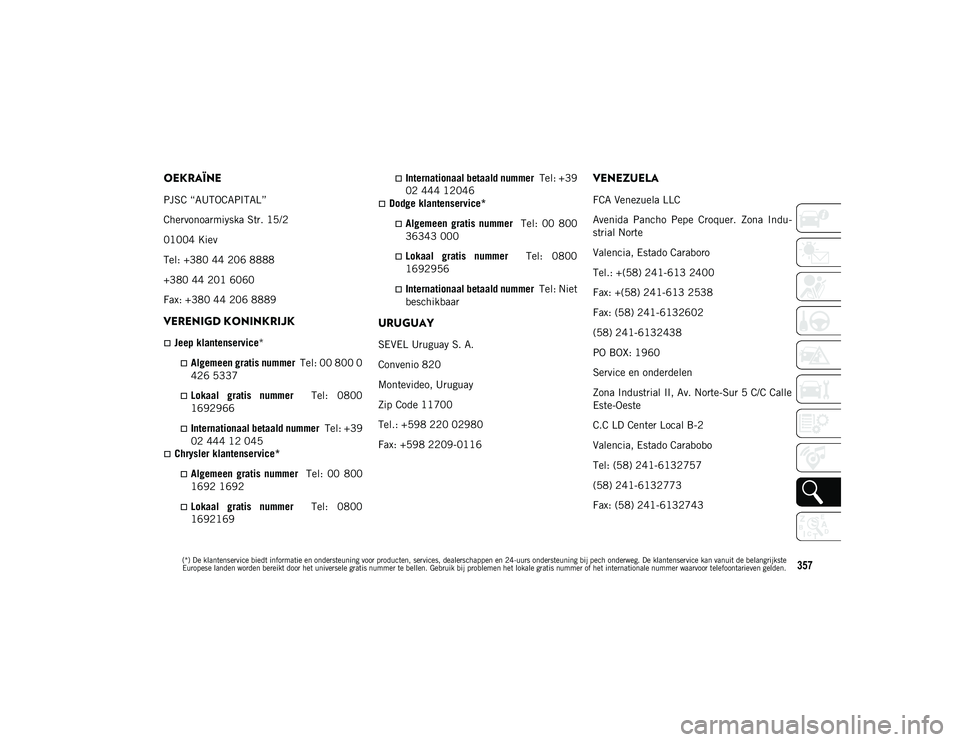 JEEP COMPASS 2020 Instructieboek (in Dutch) 357
OEKRAÏNE
PJSC “AUTOCAPITAL”
Chervonoarmiyska Str. 15/2
01004 Kiev
Tel: +380 44 206 8888
+380 44 201 6060
Fax: +380 44 206 8889
VERENIGD KONINKRIJK
Jeep klantenservice*
Algemeen gratis n JEEP COMPASS 2020 Instructieboek (in Dutch) 357
OEKRAÏNE
PJSC “AUTOCAPITAL”
Chervonoarmiyska Str. 15/2
01004 Kiev
Tel: +380 44 206 8888
+380 44 201 6060
Fax: +380 44 206 8889
VERENIGD KONINKRIJK
Jeep klantenservice*
Algemeen gratis n