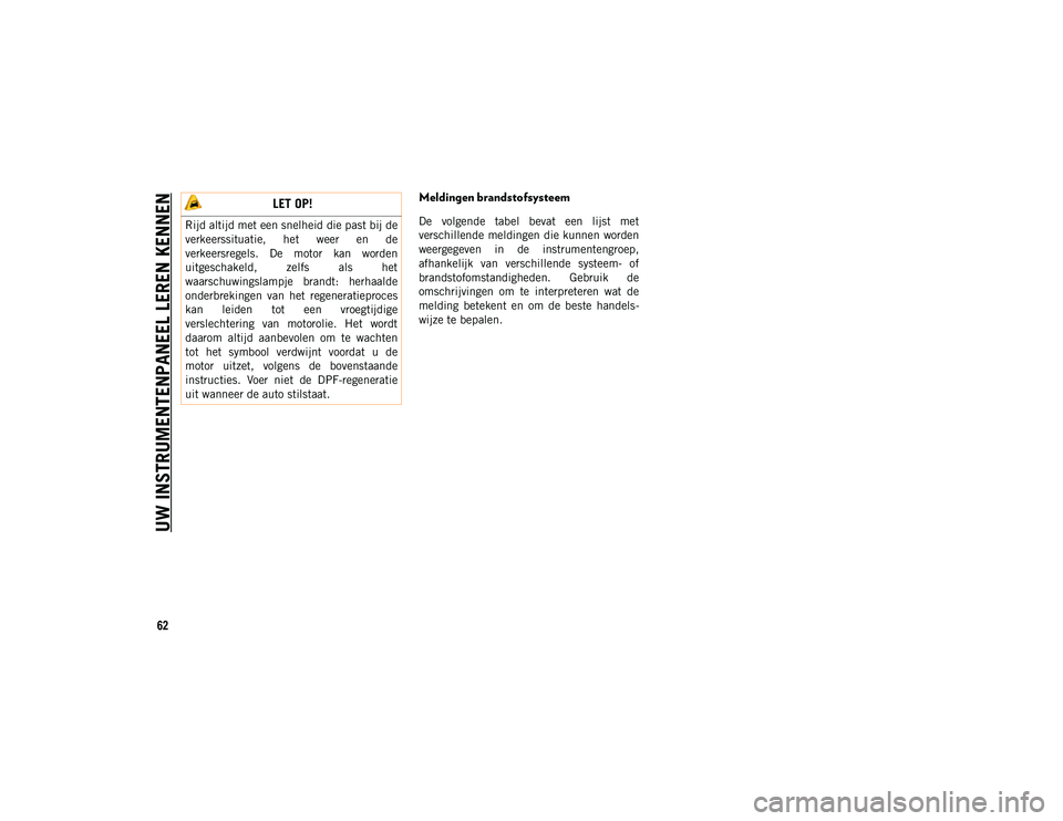 JEEP COMPASS 2020 Instructieboek (in Dutch) UW INSTRUMENTENPANEEL LEREN KENNEN
62
Meldingen brandstofsysteem
De volgende tabel bevat een lijst met
verschillende meldingen die kunnen worden
weergegeven in de instrumentengroep,
afhankel JEEP COMPASS 2020 Instructieboek (in Dutch) UW INSTRUMENTENPANEEL LEREN KENNEN
62
Meldingen brandstofsysteem
De volgende tabel bevat een lijst met
verschillende meldingen die kunnen worden
weergegeven in de instrumentengroep,
afhankel