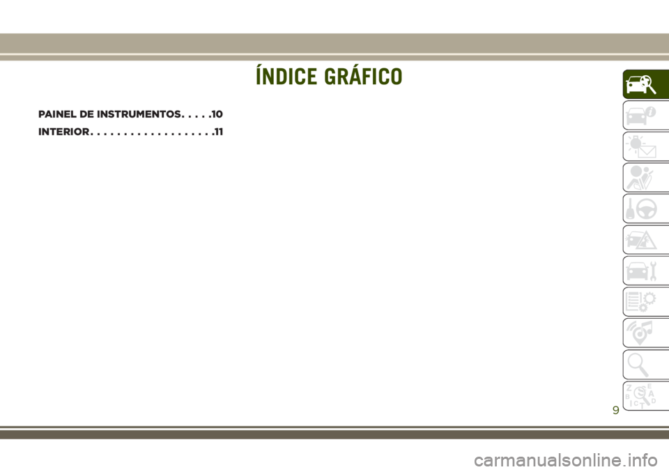 JEEP COMPASS 2018 Manual de Uso e Manutenção (in Portuguese) ÍNDICE GRÁFICO
PAINEL DE INSTRUMENTOS.....10
INTERIOR...................11
ÍNDICE GRÁFICO
9 JEEP COMPASS 2018 Manual de Uso e Manutenção (in Portuguese) ÍNDICE GRÁFICO
PAINEL DE INSTRUMENTOS.....10
INTERIOR...................11
ÍNDICE GRÁFICO
9