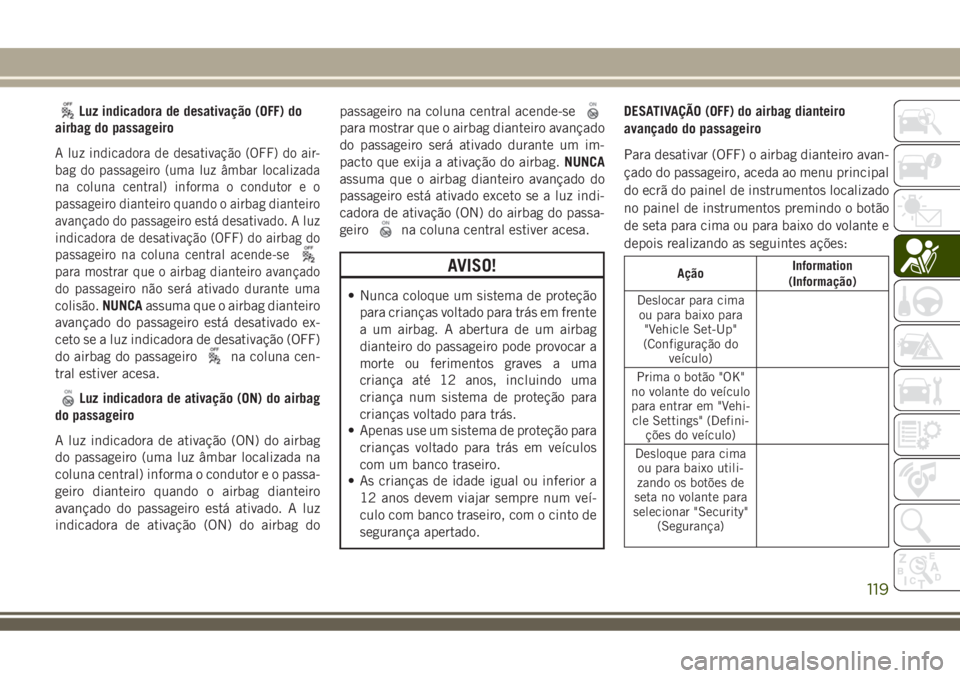 JEEP COMPASS 2018 Manual de Uso e Manutenção (in Portuguese) Luz indicadora de desativação (OFF) do
airbag do passageiro
A luz indicadora de desativação (OFF) do air-
bag do passageiro (uma luz âmbar localizada
na coluna central) informa o condutor e o
pas JEEP COMPASS 2018 Manual de Uso e Manutenção (in Portuguese) Luz indicadora de desativação (OFF) do
airbag do passageiro
A luz indicadora de desativação (OFF) do air-
bag do passageiro (uma luz âmbar localizada
na coluna central) informa o condutor e o
pas