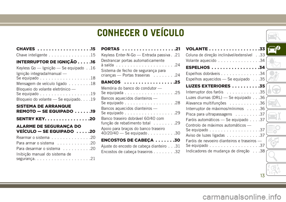 JEEP COMPASS 2018 Manual de Uso e Manutenção (in Portuguese) CONHECER O VEÍCULO
CHAVES ...................15
Chave inteligente...............15
INTERRUPTOR DE IGNIÇÃO.....16
Keyless Go — Ignição — Se equipado . .16
Ignição integrada/manual —
Se equ JEEP COMPASS 2018 Manual de Uso e Manutenção (in Portuguese) CONHECER O VEÍCULO
CHAVES ...................15
Chave inteligente...............15
INTERRUPTOR DE IGNIÇÃO.....16
Keyless Go — Ignição — Se equipado . .16
Ignição integrada/manual —
Se equ