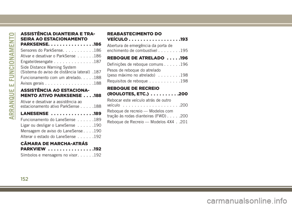 JEEP COMPASS 2018 Manual de Uso e Manutenção (in Portuguese) ASSISTÊNCIA DIANTEIRA E TRA-
SEIRA AO ESTACIONAMENTO
PARKSENSE................186
Sensores do ParkSense...........186
Ativar e desativar o ParkSense......186
Engate/desengate..............187
Side Di JEEP COMPASS 2018 Manual de Uso e Manutenção (in Portuguese) ASSISTÊNCIA DIANTEIRA E TRA-
SEIRA AO ESTACIONAMENTO
PARKSENSE................186
Sensores do ParkSense...........186
Ativar e desativar o ParkSense......186
Engate/desengate..............187
Side Di