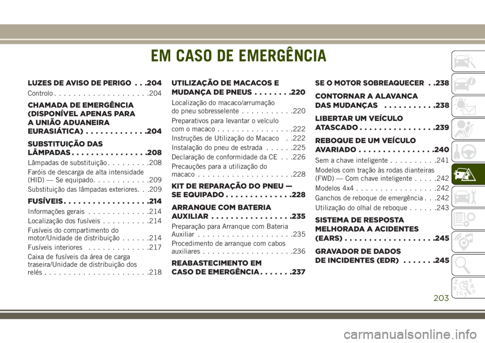 JEEP COMPASS 2018  Manual de Uso e Manutenção (in Portuguese) EM CASO DE EMERGÊNCIA
LUZES DE AVISO DE PERIGO. . .204
Controlo....................204
CHAMADA DE EMERGÊNCIA
(DISPONÍVEL APENAS PARA
A UNIÃO ADUANEIRA
EURASIÁTICA).............204
SUBSTITUIÇÃO 