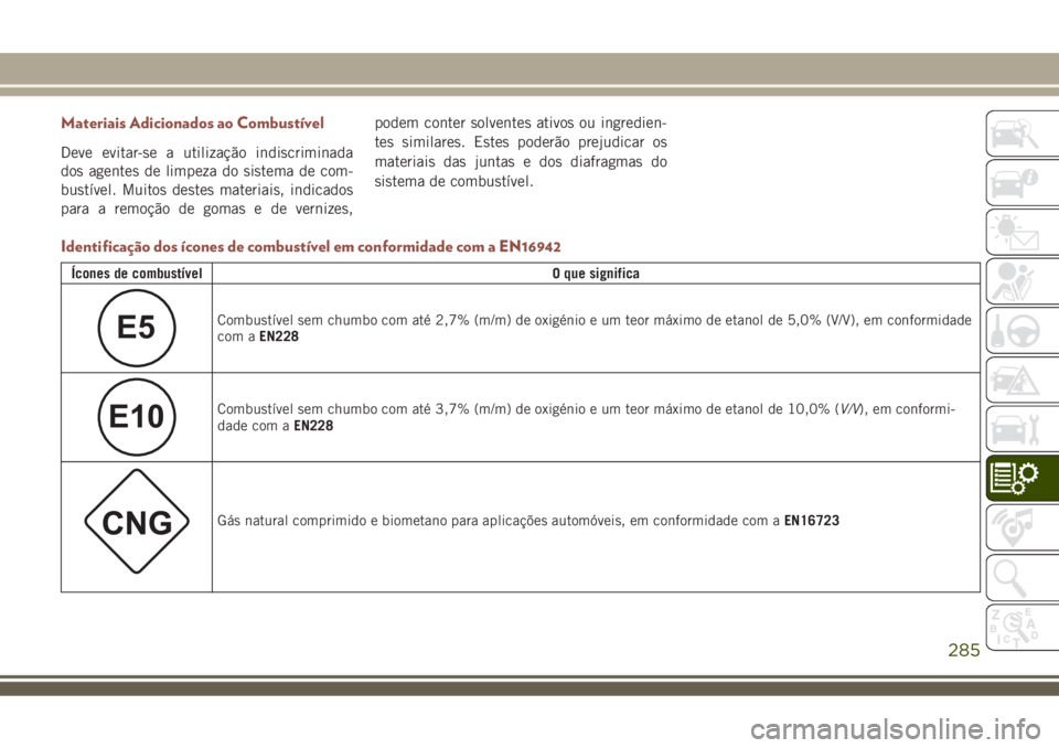 JEEP COMPASS 2018 Manual de Uso e Manutenção (in Portuguese) Materiais Adicionados ao Combustível
Deve evitar-se a utilização indiscriminada
dos agentes de limpeza do sistema de com-
bustível. Muitos destes materiais, indicados
para a remoção de gomas e d JEEP COMPASS 2018 Manual de Uso e Manutenção (in Portuguese) Materiais Adicionados ao Combustível
Deve evitar-se a utilização indiscriminada
dos agentes de limpeza do sistema de com-
bustível. Muitos destes materiais, indicados
para a remoção de gomas e d