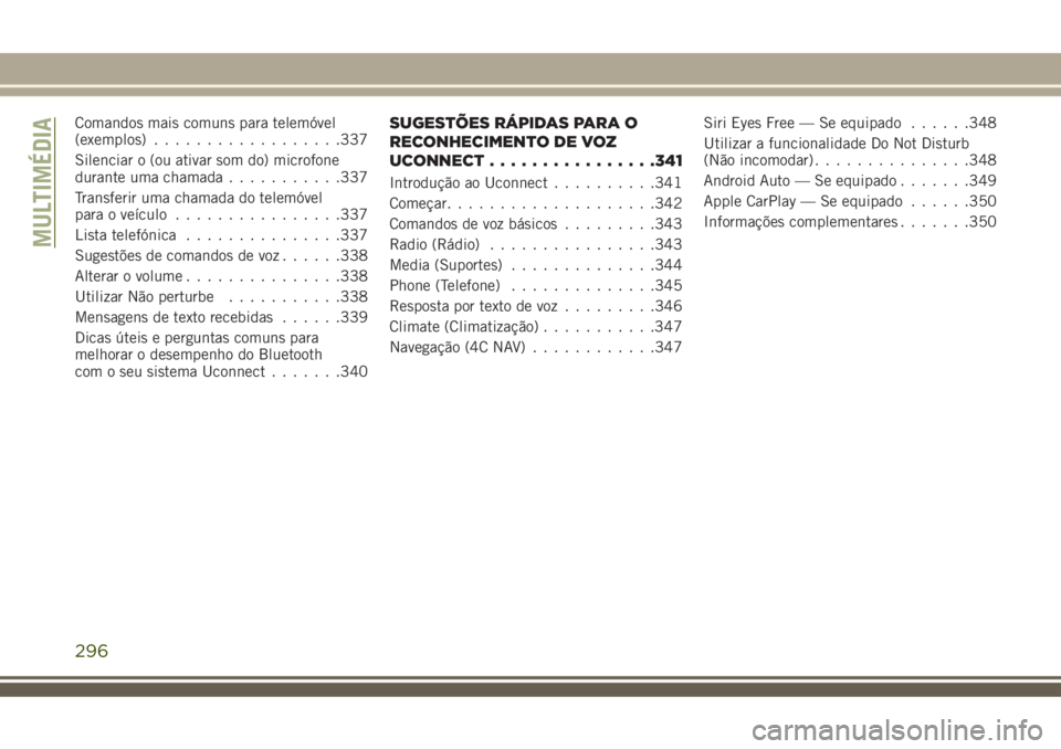 JEEP COMPASS 2018  Manual de Uso e Manutenção (in Portuguese) Comandos mais comuns para telemóvel
(exemplos)..................337
Silenciar o (ou ativar som do) microfone
durante uma chamada...........337
Transferir uma chamada do telemóvel
para o veículo....
