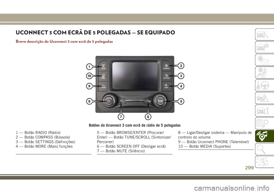 JEEP COMPASS 2018 Manual de Uso e Manutenção (in Portuguese) UCONNECT 3 COM ECRÃ DE 5 POLEGADAS — SE EQUIPADO
Breve descrição do Uconnect 3 com ecrã de 5 polegadas
Botões do Uconnect 3 com ecrã de rádio de 5 polegadas
1 — Botão RADIO (Rádio)
2 — JEEP COMPASS 2018 Manual de Uso e Manutenção (in Portuguese) UCONNECT 3 COM ECRÃ DE 5 POLEGADAS — SE EQUIPADO
Breve descrição do Uconnect 3 com ecrã de 5 polegadas
Botões do Uconnect 3 com ecrã de rádio de 5 polegadas
1 — Botão RADIO (Rádio)
2 —