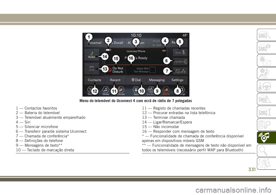 JEEP COMPASS 2018 Manual de Uso e Manutenção (in Portuguese) Menu do telemóvel do Uconnect 4 com ecrã de rádio de 7 polegadas
1 — Contactos favoritos
2 — Bateria do telemóvel
3 — Telemóvel atualmente emparelhado
4 — Siri
5 — Silenciar microfone
6 JEEP COMPASS 2018 Manual de Uso e Manutenção (in Portuguese) Menu do telemóvel do Uconnect 4 com ecrã de rádio de 7 polegadas
1 — Contactos favoritos
2 — Bateria do telemóvel
3 — Telemóvel atualmente emparelhado
4 — Siri
5 — Silenciar microfone
6